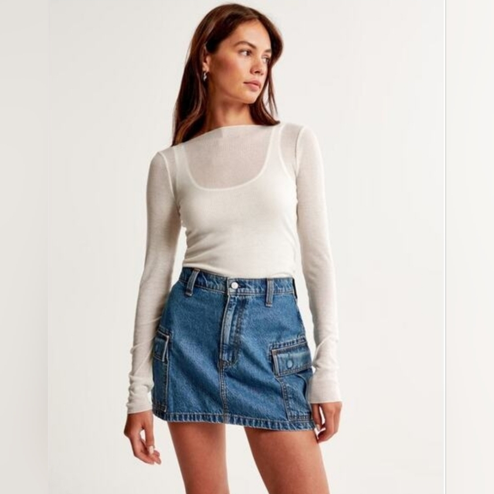 NEW Abercrombie & Fitch High Rise Denim Cargo Mini Skirt Size 34/18 - Picture 14 of 14